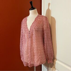 L’agence Women’s 100% Silk Button Up Sheer Red Floral Print Romantic Blouse Top